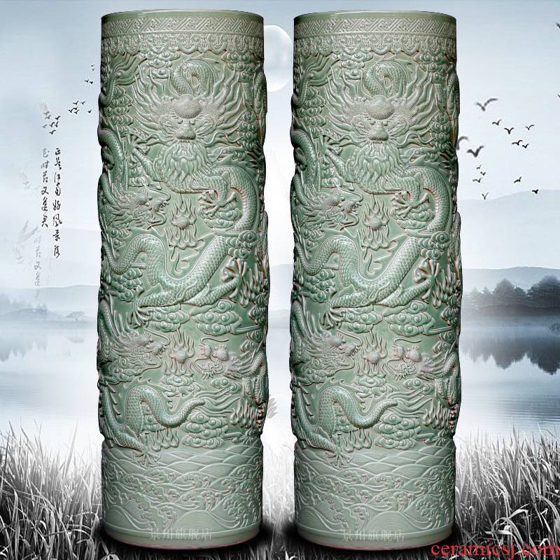 Jingdezhen ceramics engraving longqing was glaze antique flying show bead straight landing big vase opening furnishing articles quiver