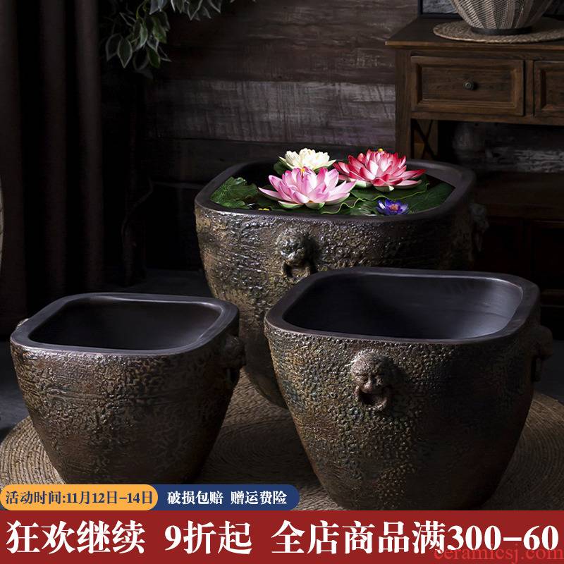 Fish tank old water household ceramics tile cylinder coarse pottery basin water lily lotus is suing landscape garden plant trees