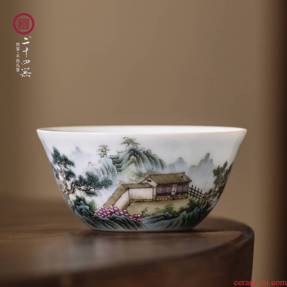 24 is jingdezhen pastel hand - made master kung fu tea cup of large single CPU single checking tea set