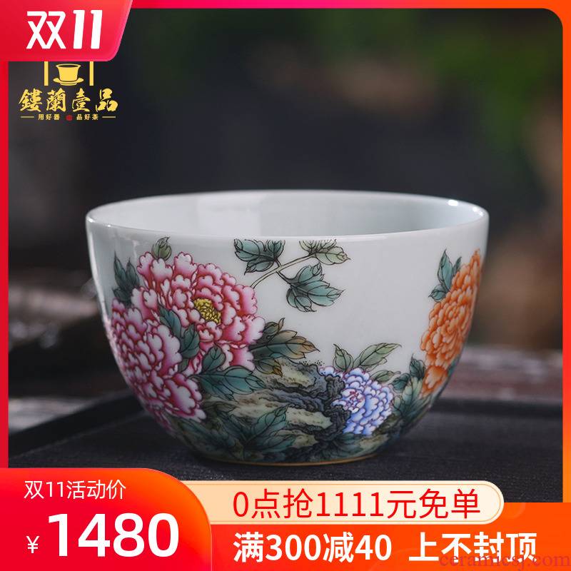 All hand - made pastel peony master of jingdezhen ceramics kung fu tea set large personal tea cup to use single CPU