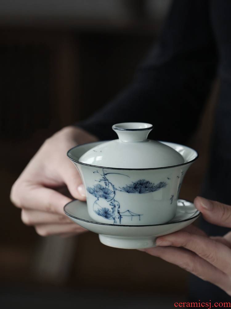 Ultimately responds to hand draw three to prevent hot tureen tea cups of jingdezhen blue and white manually large single kung fu tea tea bowl