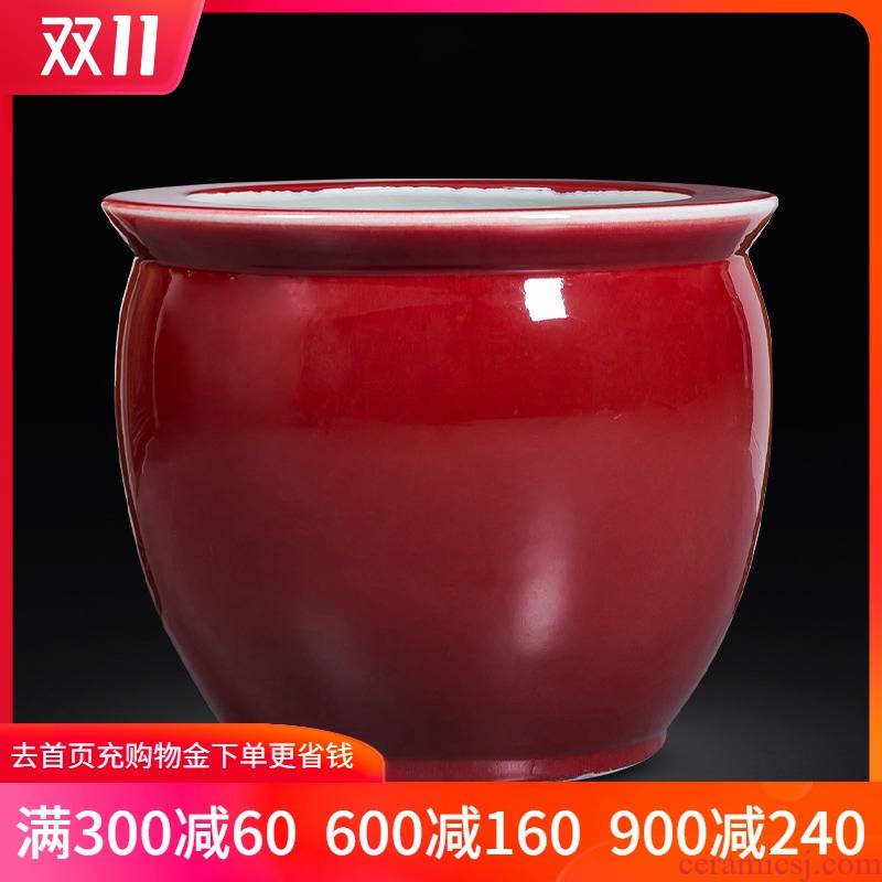 Jingdezhen ceramics antique ruby red fish tank red porcelain jar large painting and calligraphy calligraphy and painting decorative furnishing articles water lily cylinder cylinder