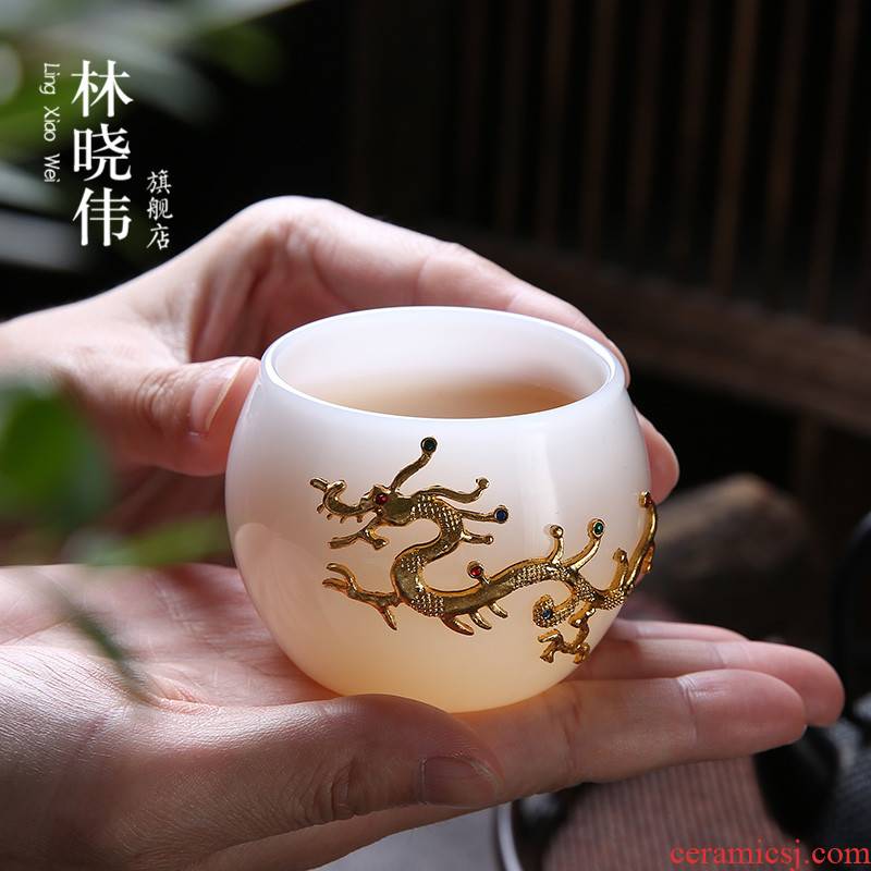 Lin Xiaowei with silvery white jade porcelain teacup large individual cup of coloured glaze master cup sample tea cup lamp that kung fu tea set