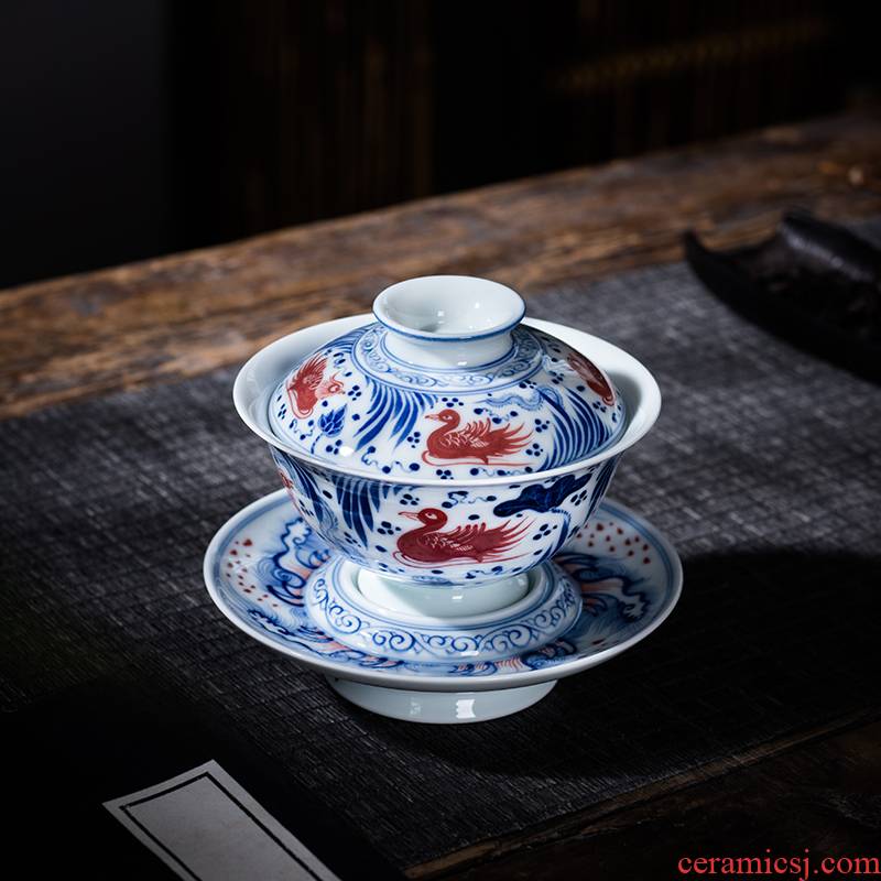 The Owl up jingdezhen blue and white glaze tea service manual hand - made ceramic tureen large cups under a single red tea cup