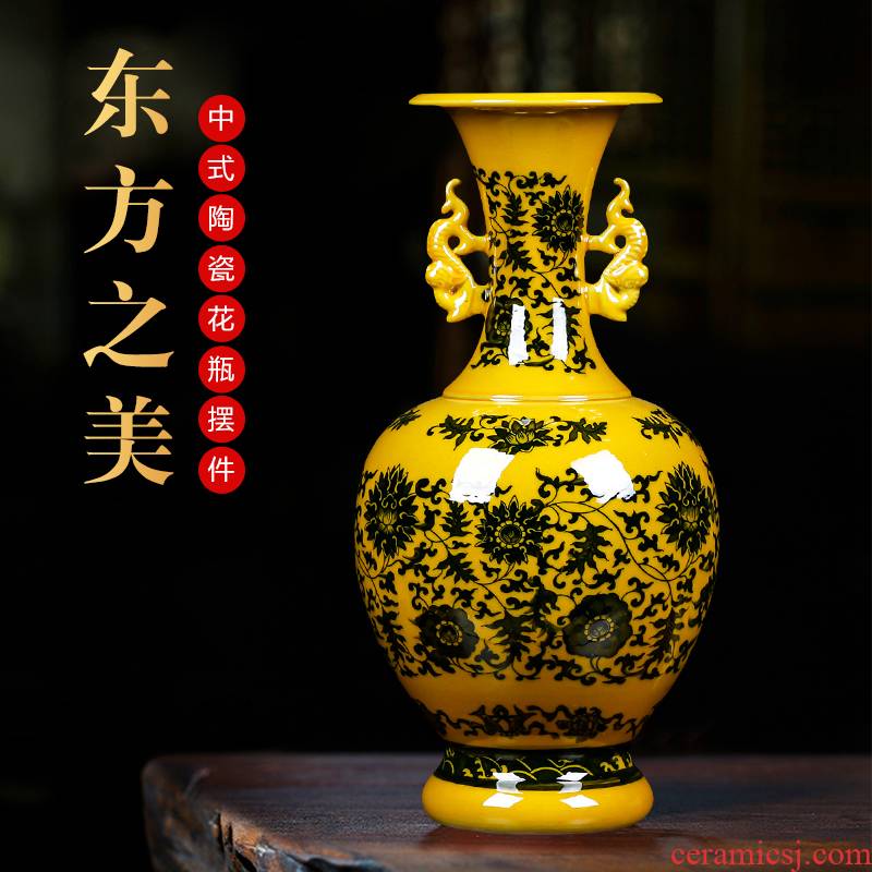 Jingdezhen ceramics antique yellow glaze ears open piece of vases, flower arranging new Chinese style household furnishing articles sitting room adornment