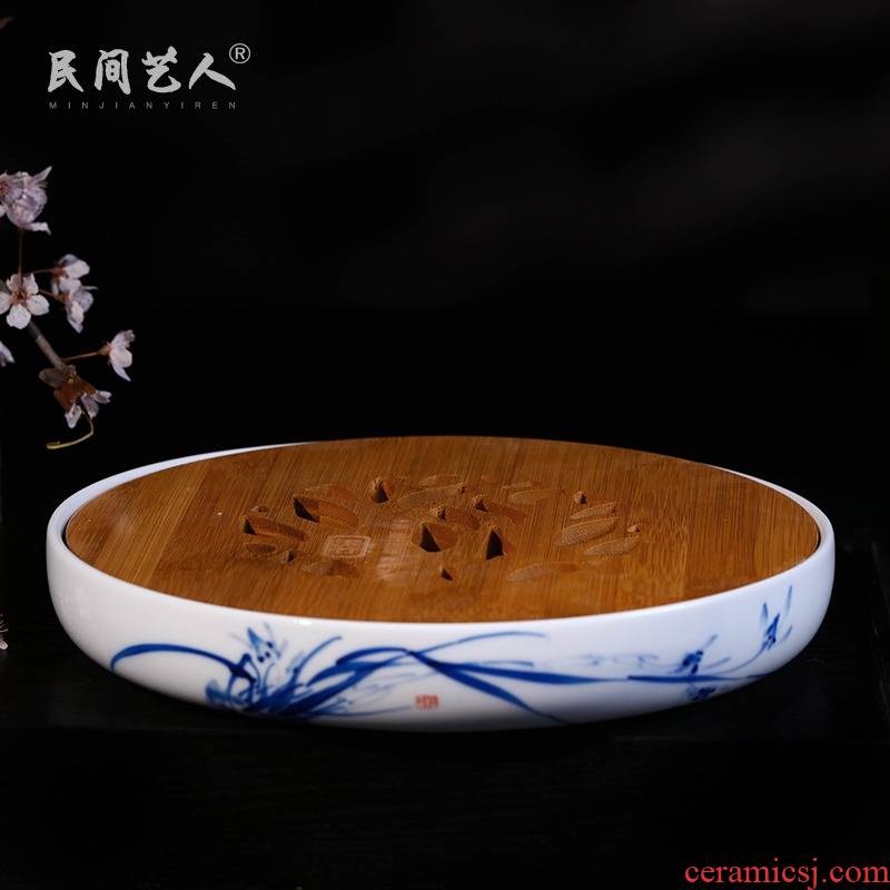 Jingdezhen ceramic hand - made clivia kung fu tea set ground parts embedded real wood tray ceramic disk
