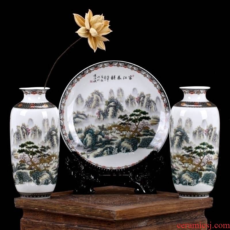 Jingdezhen ceramics pastel landscapes three - piece vase plate of modern household decorates sitting room furnishing articles