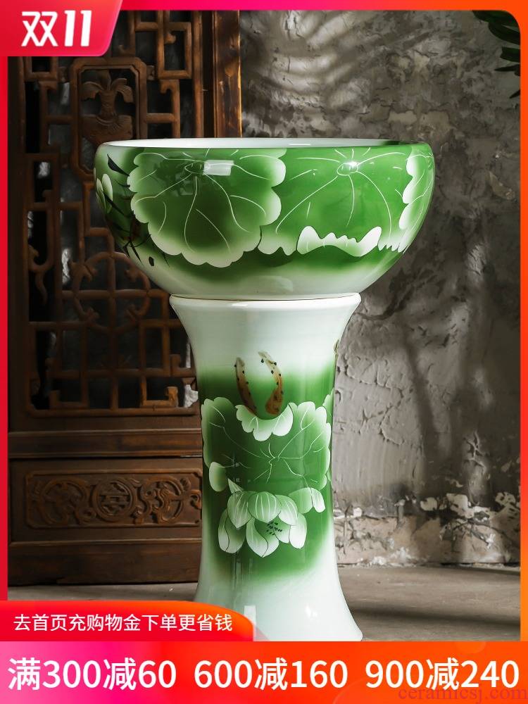 Jingdezhen ceramics pillar landing fish basin large fish bowl lotus lotus lotus tortoise furnishing articles