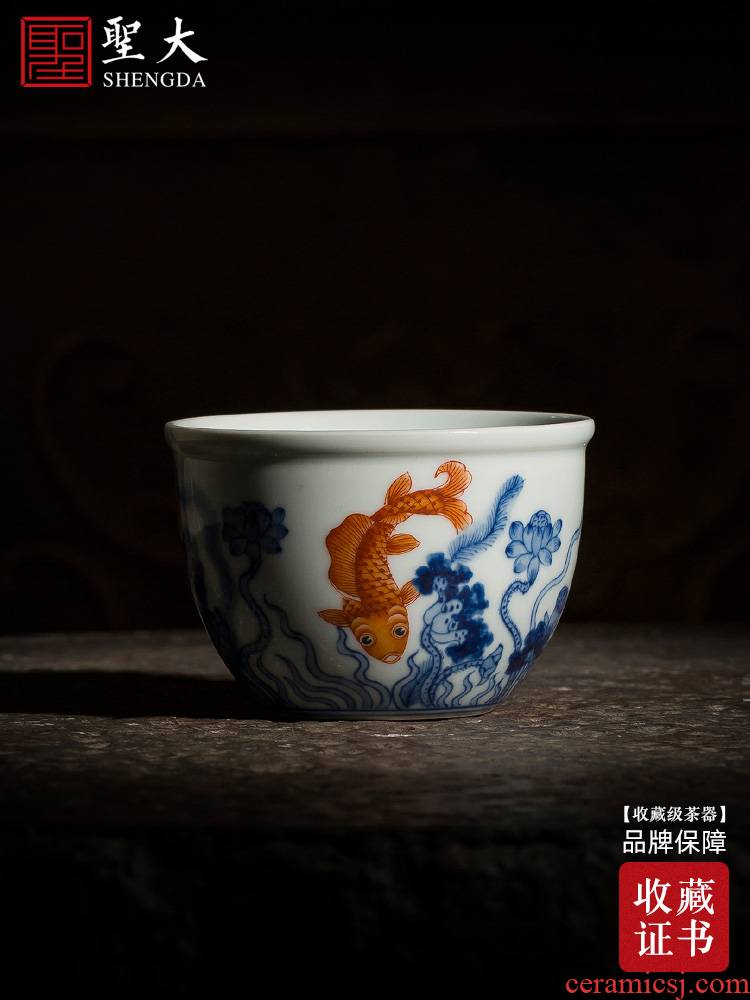Holy big pure hand - made ceramic blue vitriol color red lotus left le figure cylinder cup cup all hand of jingdezhen tea service master
