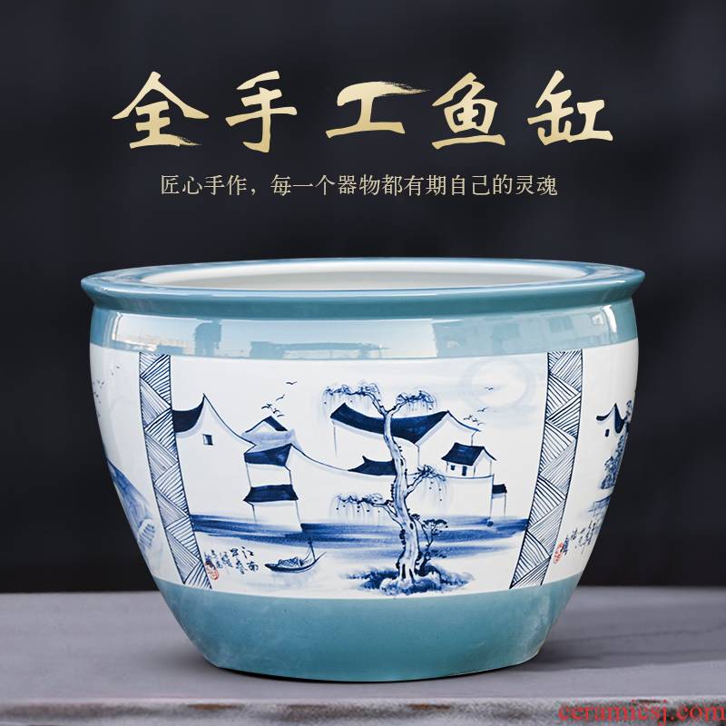Jingdezhen ceramic aquarium extra large courtyard fish bowl lotus lotus cylinder household aquarium tank wind outside