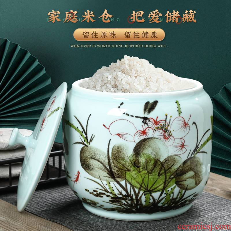 Hand - made jingdezhen ceramic barrel with cover flour ricer box insect - resistant seal 20 jins 30 jins home 50 pounds