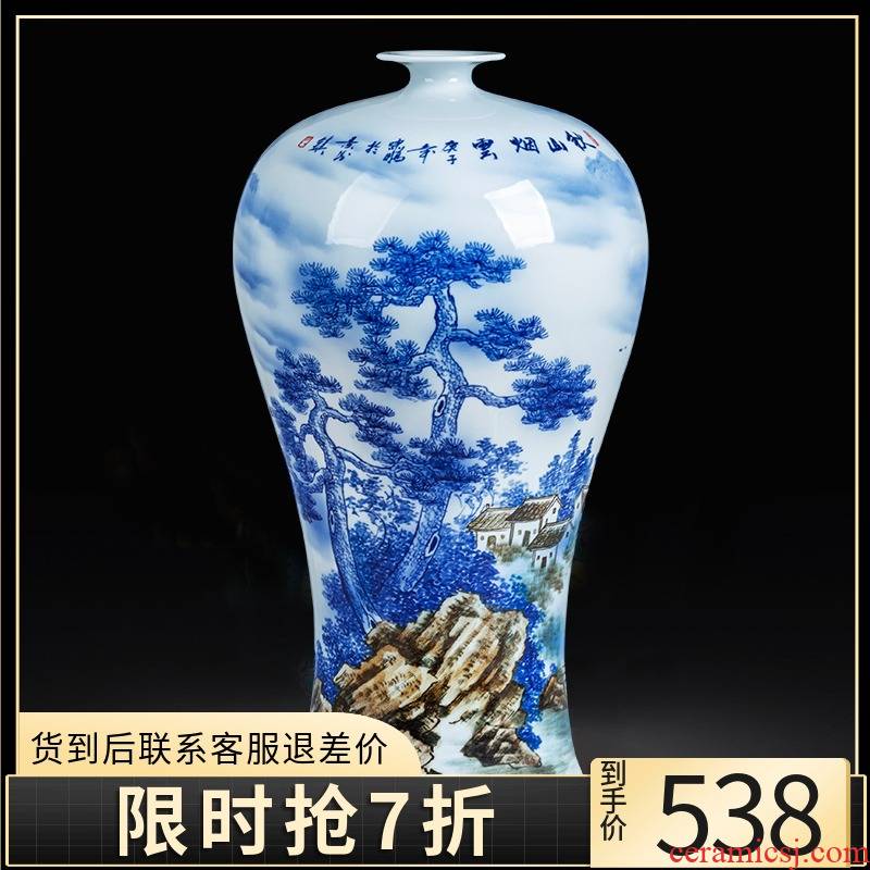 Jingdezhen ceramics hand - made landscape paintings of blue and white porcelain vase mei bottle home office sitting room adornment is placed