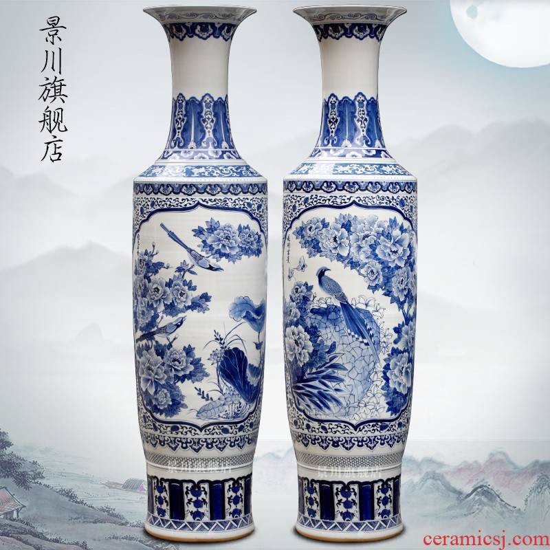 Hand - made blooming flowers large blue and white porcelain vase of jingdezhen ceramics home sitting room of large hotel furnishing articles