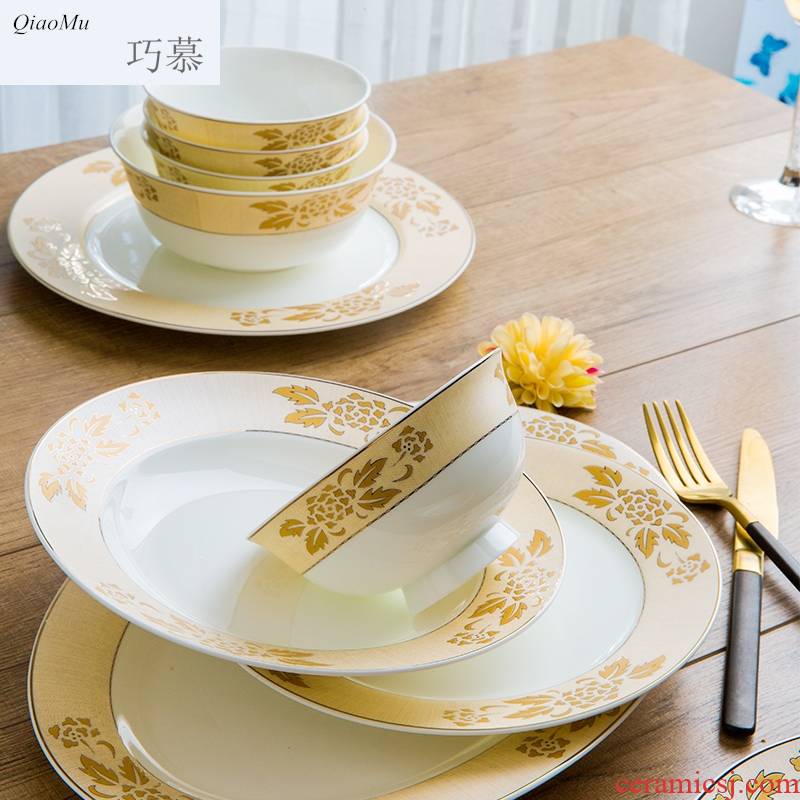 Qiao mu jingdezhen cutlery set porcelain dishes household of Chinese style ikea dishes suit 10 people gifts dish bowl
