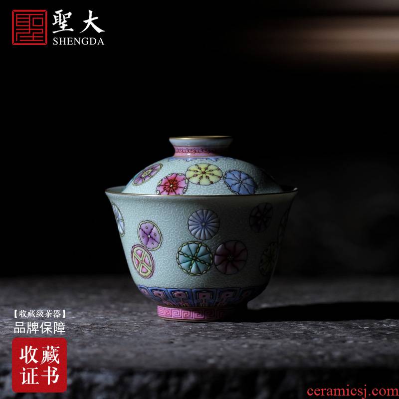 The large ceramic three tureen colored enamel reactor white grass ball pattern without tureen jingdezhen tea by hand