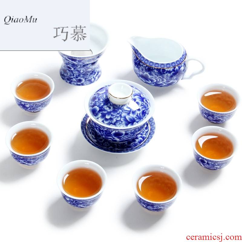 Qiao mu under the blue and white porcelain glaze see kung fu tea set high - grade suit white porcelain household contracted winnings tureen
