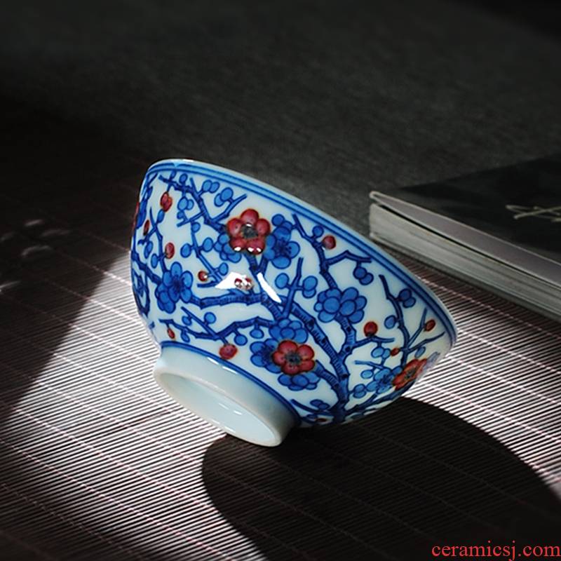 Owl up jingdezhen blue and white youligong kung fu tea cups master cup single cup sample tea cup name plum flower cup drawing