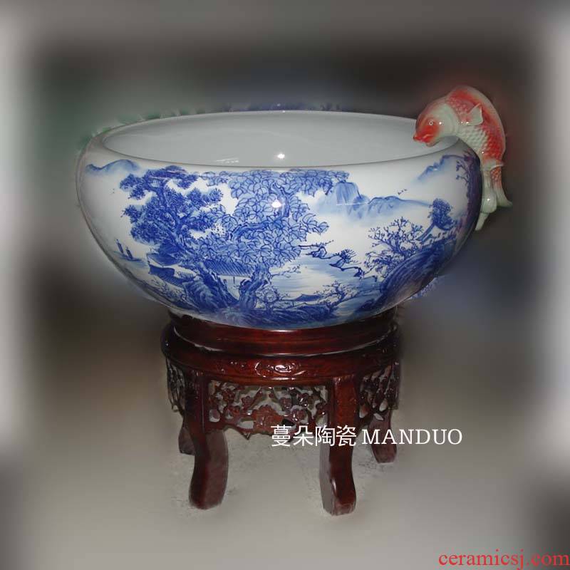 Blue and white landscape fountain water cycle of jingdezhen porcelain hand - made porcelain fountain landscape aquarium fish tank real wood