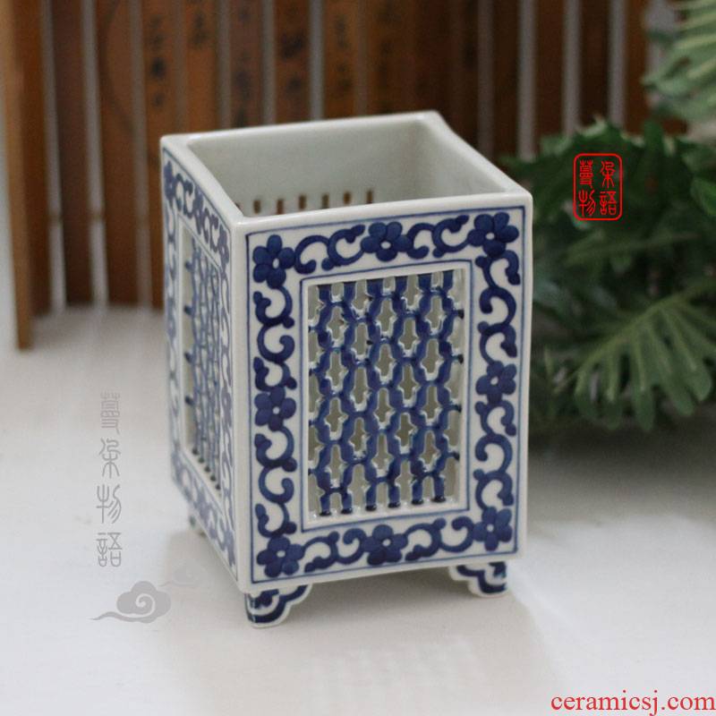 Jingdezhen art of hollow out hand brush pot hollow - out decorative vase hollow out blue pen container
