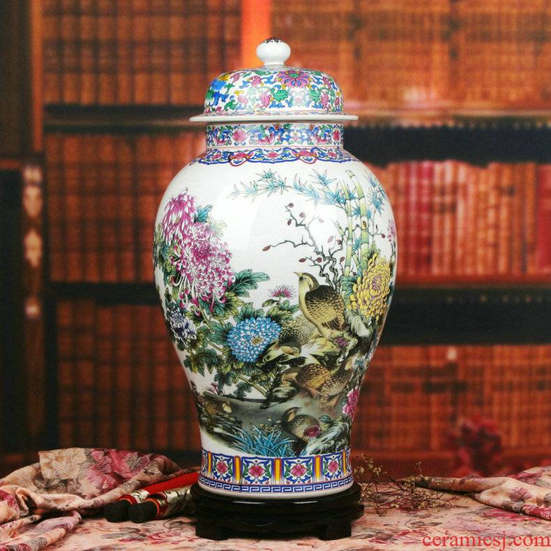 Chinese style classical jingdezhen ceramics powder enamel peace figure peony quail general pot of modern home furnishing articles
