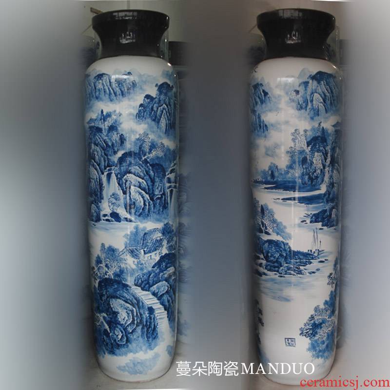 Jingdezhen hand - made style straight vase is 2.2 meters high pure hand - made landscape of the big companies display vase