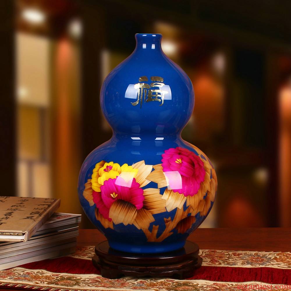 Jingdezhen ceramics high - grade blue vase peony flowers gourd vases, modern arts and crafts decorative furnishing articles