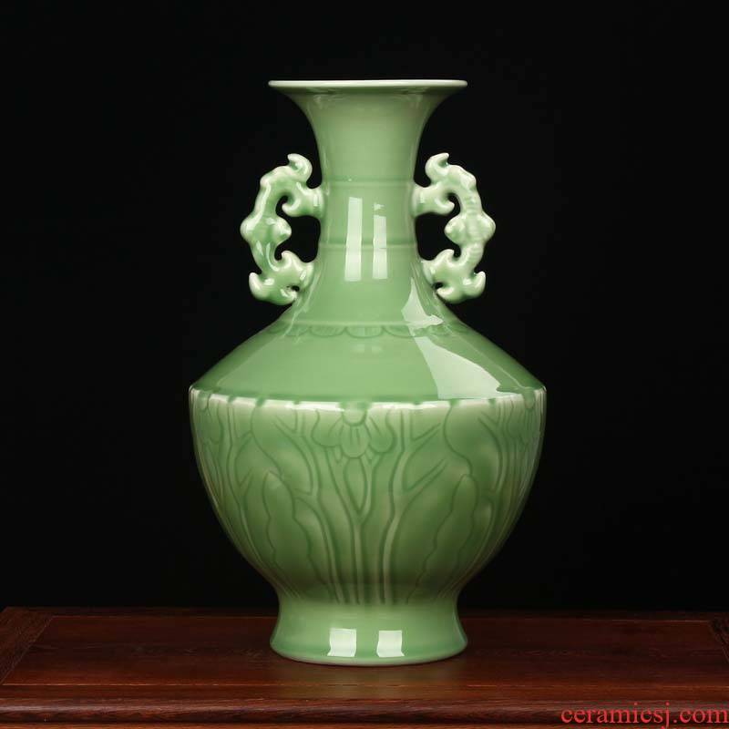 Jingdezhen ceramics pea green glaze anaglyph ears vase modern household adornment fashion study furnishing articles