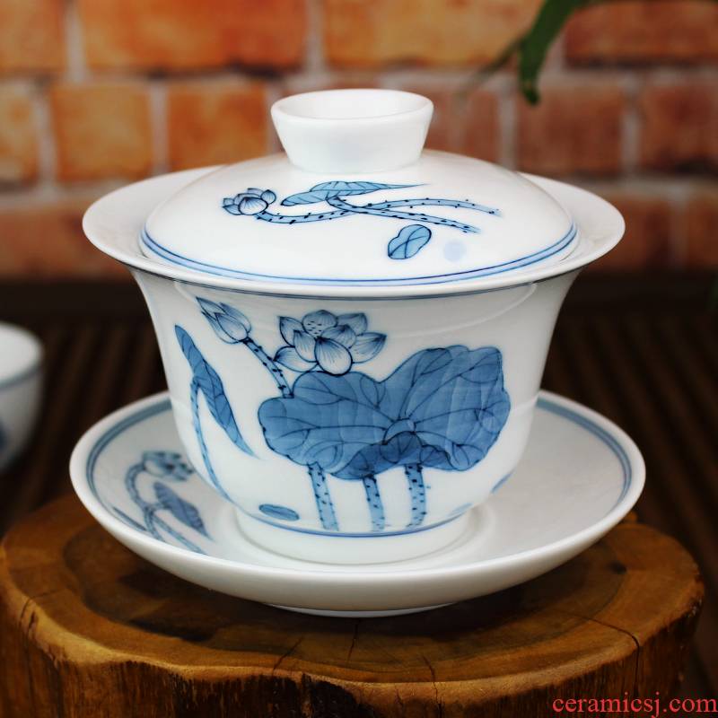 And auspicious large three tureen jingdezhen ceramics by hand only kung fu tea set hand - made teacup hand grasp pot of tea cups