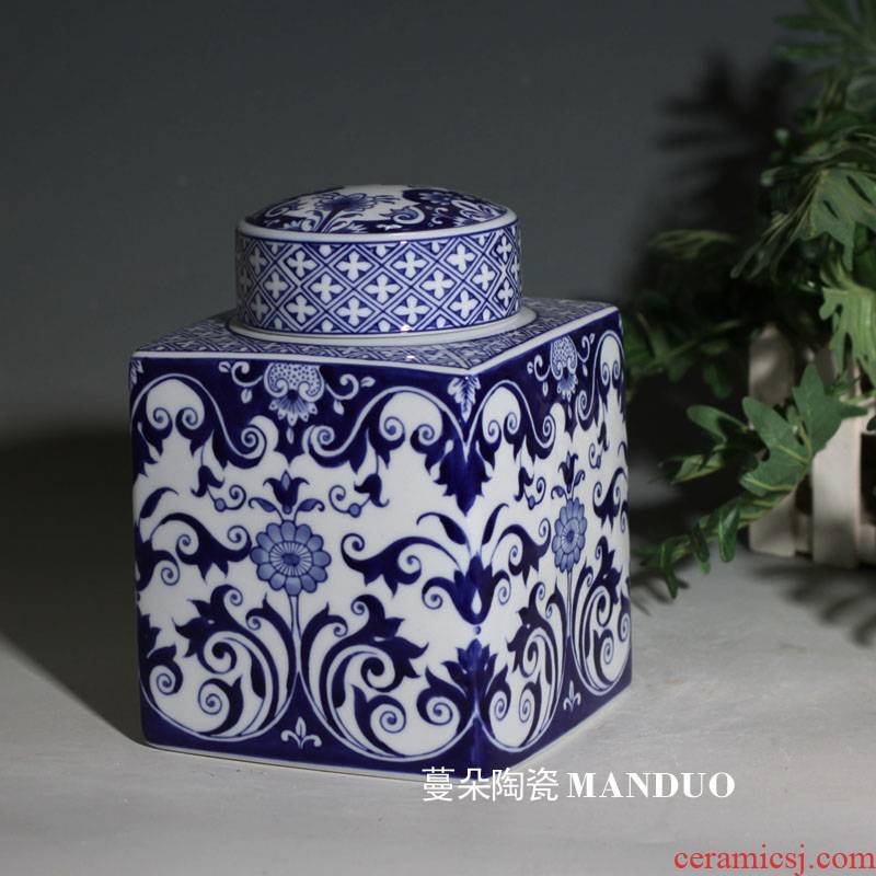 Jingdezhen blue and white porcelain square cover pot European - style Jingdezhen blue and white porcelain cover square, environmental protection, unleaded tin as cans