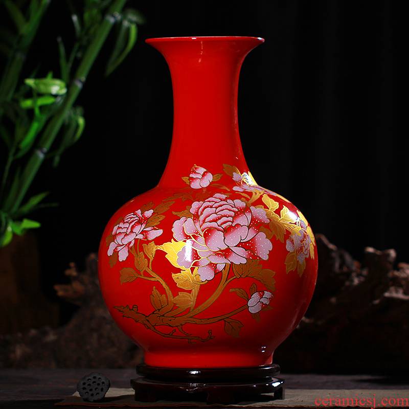 Jingdezhen ceramics China red peony landing large vases, sitting room of Chinese style household furnishing articles craft supplies