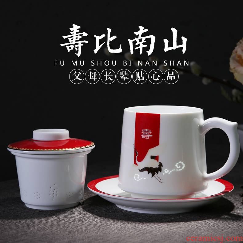 Jingdezhen ceramic parker jade high - capacity ceramic cup with cover filter mercifully separation flower tea cup celebration cup gift cup