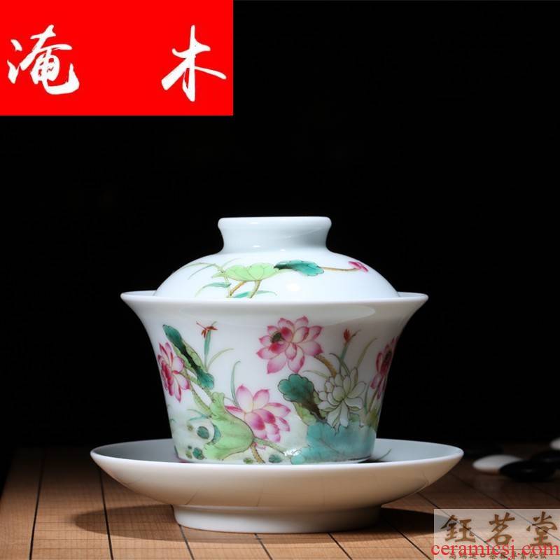 Flooded wood already mingyuan tea set # jingdezhen Ming in the qing dynasty hall jun hand - made pastel lotus tureen the spring breeze