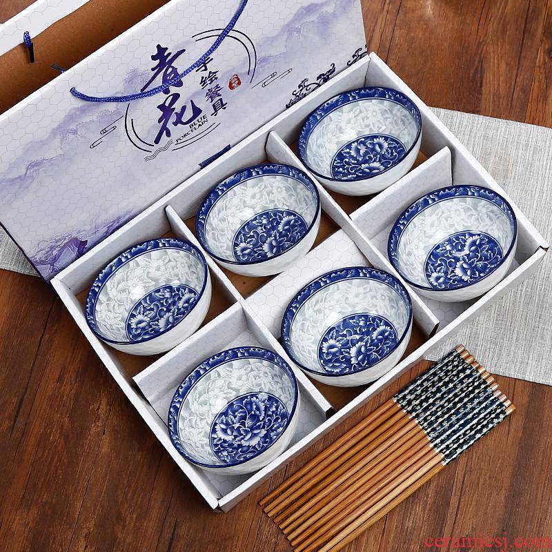 Blue and white porcelain bowls set wholesale ceramic bowl bowl to eat rice bowl set household tableware chopsticks sets gift gift boxes