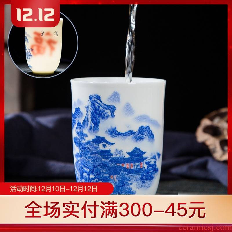 Folk artists pastel blue and white porcelain double insulation handshake personal single CPU jingdezhen ceramic large tea cups