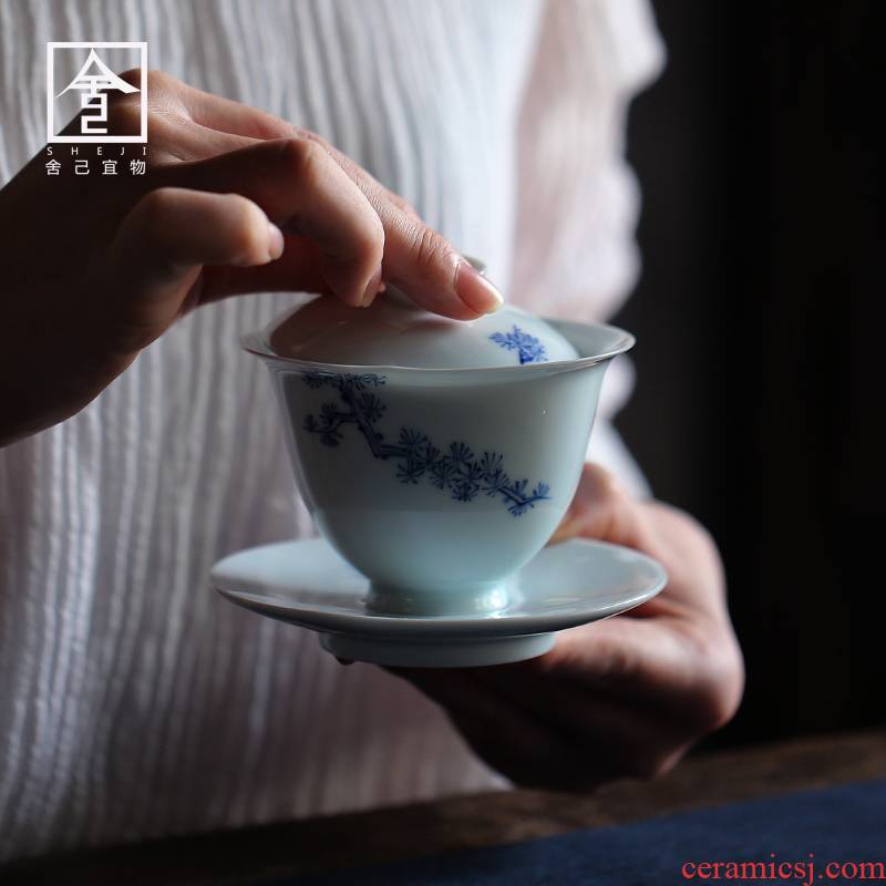 Only three tureen jingdezhen porcelain tea bowl household porcelain hand - made pure manual celadon thin foetus kung fu tea set