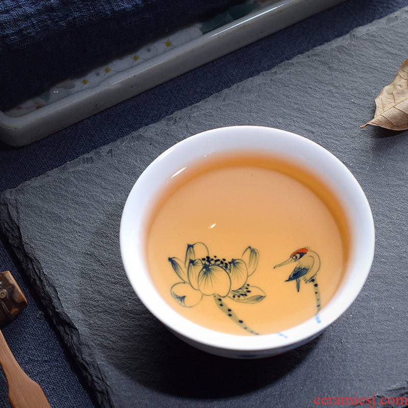 . Poly real jingdezhen scene all hand sample tea cup hand - made lotus kung fu tea tea set of blue and white porcelain teacup