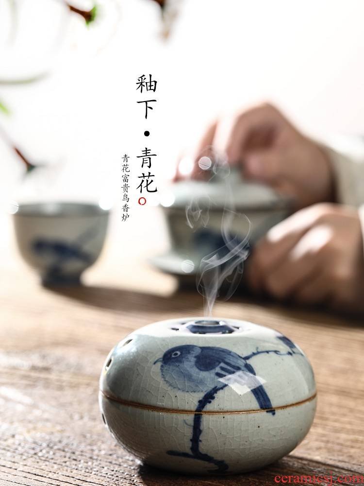 Ken shun ke jingdezhen blue and white hand riches and honour bird censer checking Chinese ceramic sandalwood incense inserted zen smoked furnace