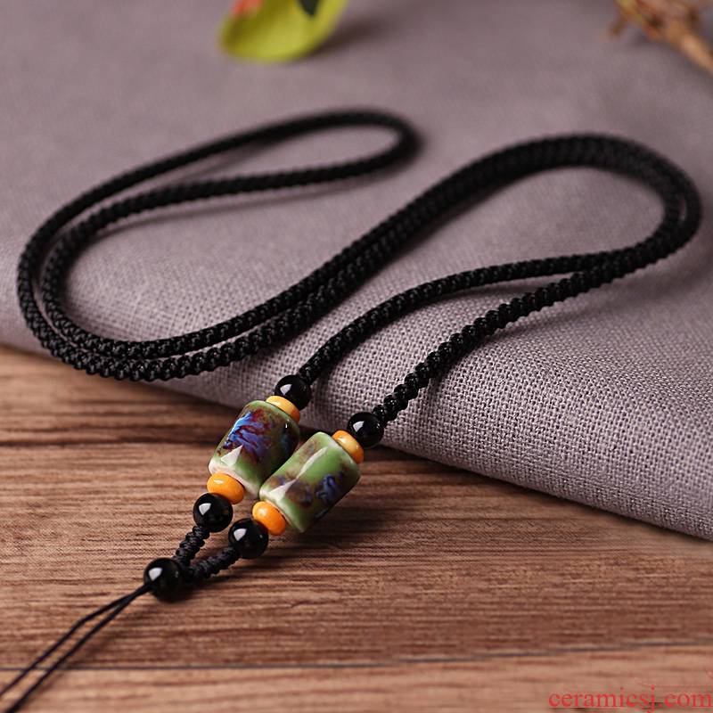 Ceramic barrel bead necklace black rope wek - jin and hand - woven art pendant hang rope restoring ancient ways men and women with hang rope