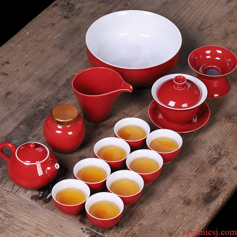 Wedding tea set new Wedding Wedding gift boxes ceramic red kung fu tea pot high - grade household contracted