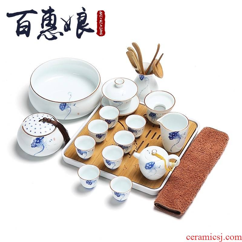 (niang jingdezhen hand - made tea sets household kunfu tea of a complete set of ceramic tea tray with white porcelain cups of tea