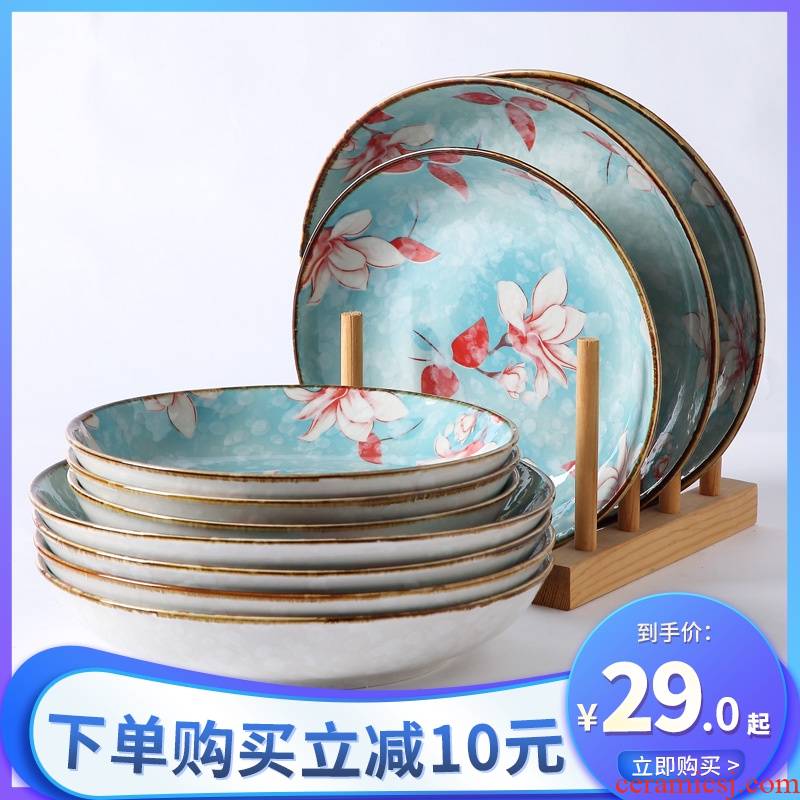 Japanese ceramic dish dish dish home six northern creative web celebrity dish soup plate under the glaze color tableware suit