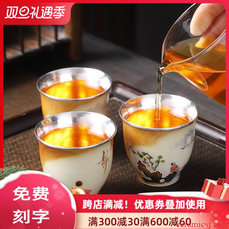 Jingdezhen hand - made teacup firewood master cup single CPU getting silvering cup 999 sterling silver tank cup sample tea cup