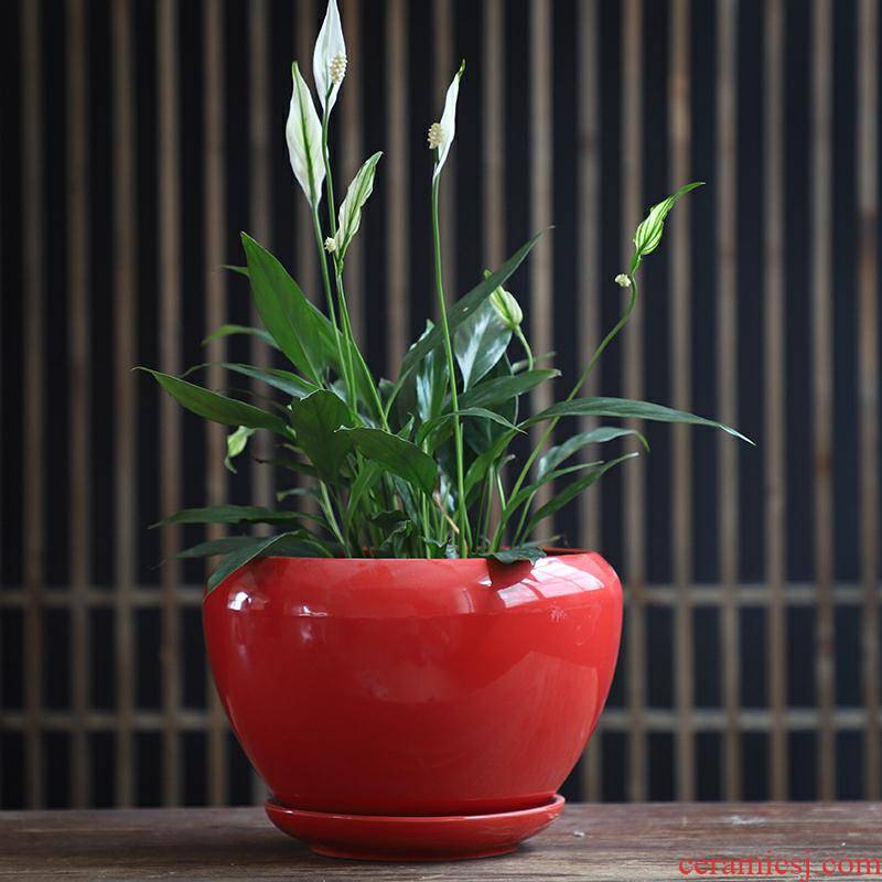 Flowerpot ceramic red yellow Chinese wind with pallet money plant bracketplant creative move heavy large fleshy flower pot