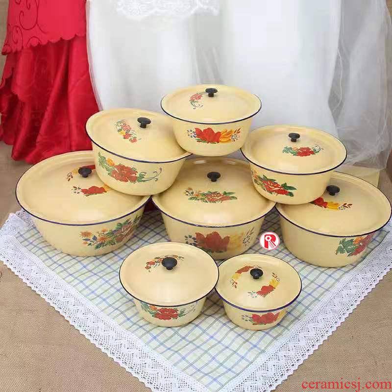 Classic nostalgic old enamel basin with cover household kitchen lard dumplings seasoning cylinder boil Chinese medicine enamel bowls