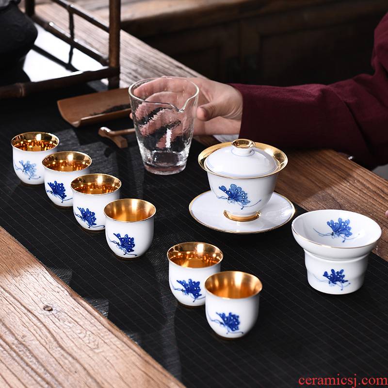 Creative hand - made ceramic gold kung fu tea set home office tureen tea cups of a complete set of gift boxes