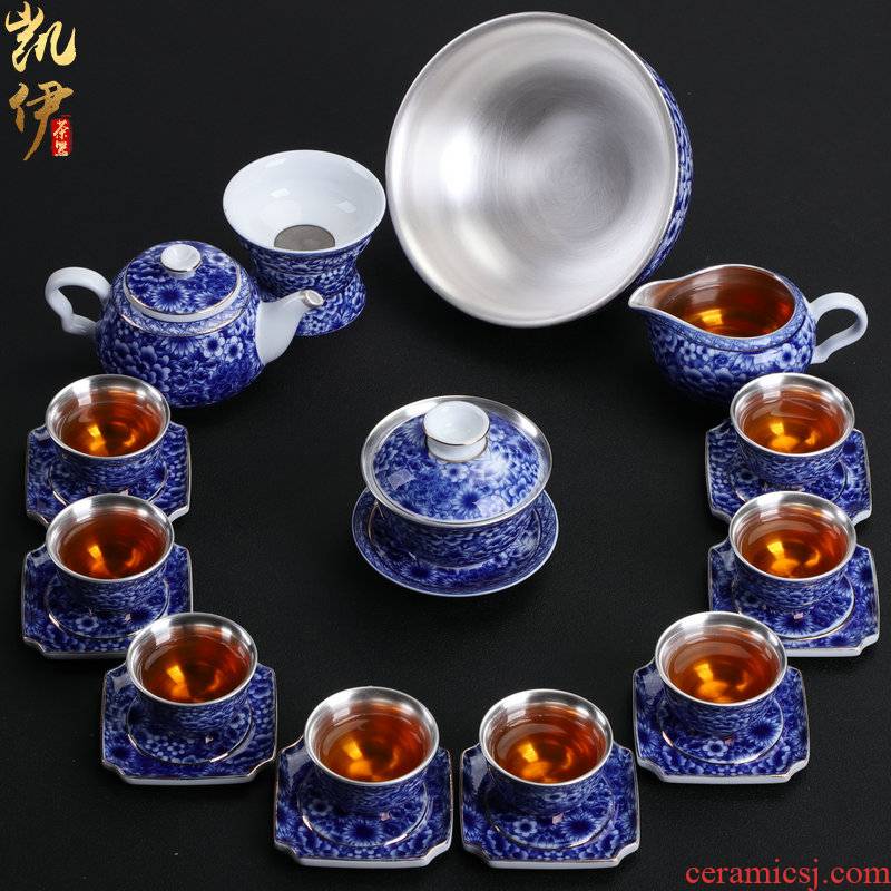 Very beautiful blue and white porcelain is tasted silver gilding kung fu tea set ceramic teapot silver tureen gifts office tea cups