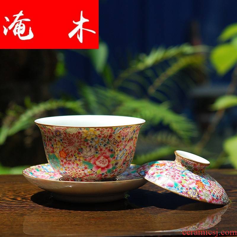Submerged wood jingdezhen hand - made famille rose flower covered bowl bowl kung fu tea set three antique porcelain bowl