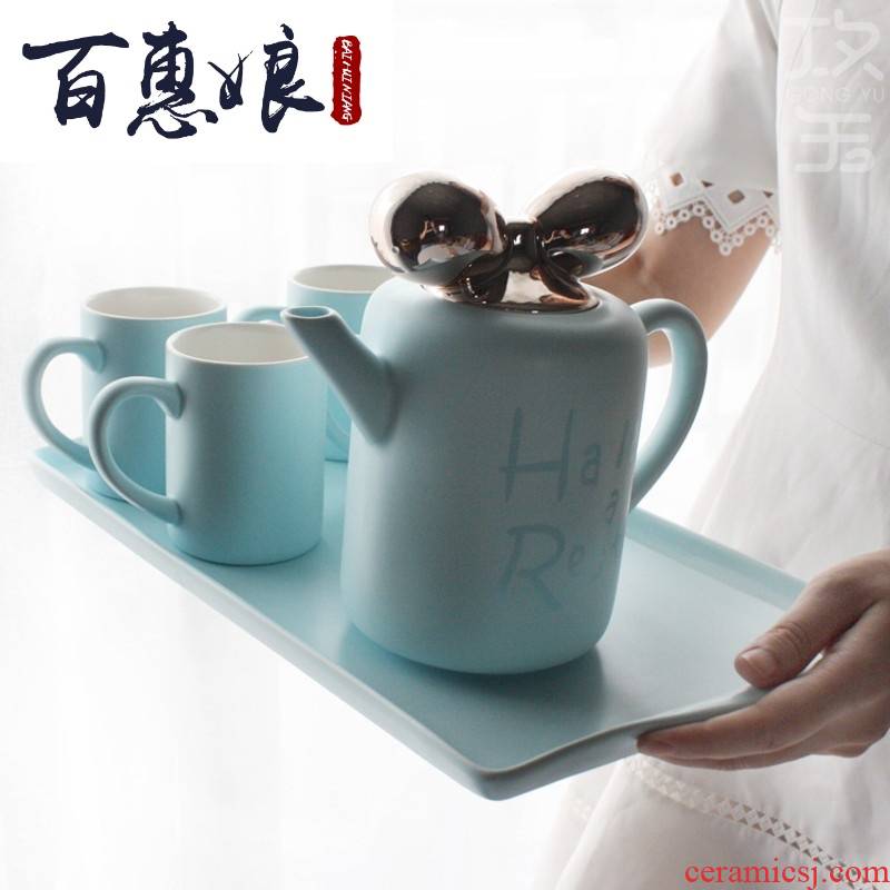 (niang small pure and fresh and cool ceramic kettle with water set tea service European cups cold and hot water heat 0.