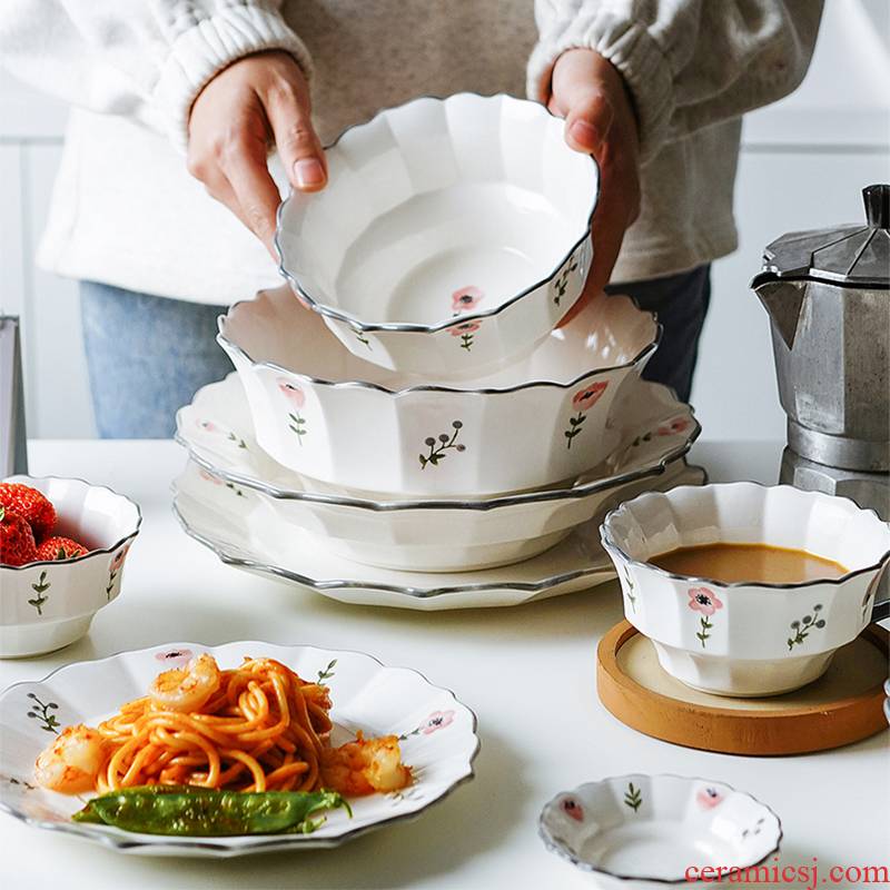 The Nordic small and pure and fresh flowers tableware dishes dishes creative household bowl of soup bowl chopsticks sets ceramic package