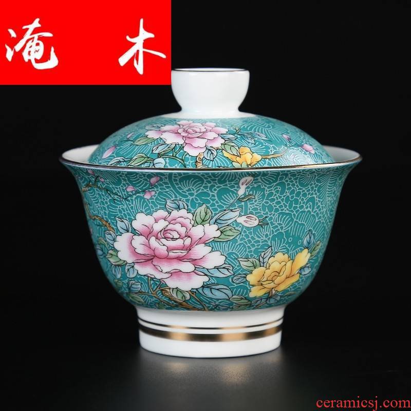 Flooded jingdezhen wood powder enamel three tall tureen manual pick flowers in kung fu tea bowl to bowl hand draw the see colour blue